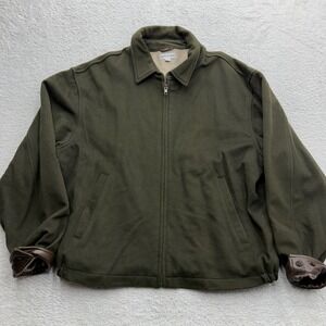 Bullock & Jones Mens Olive Green 100% Wool Full Zip Jacket Leather Trim L USA